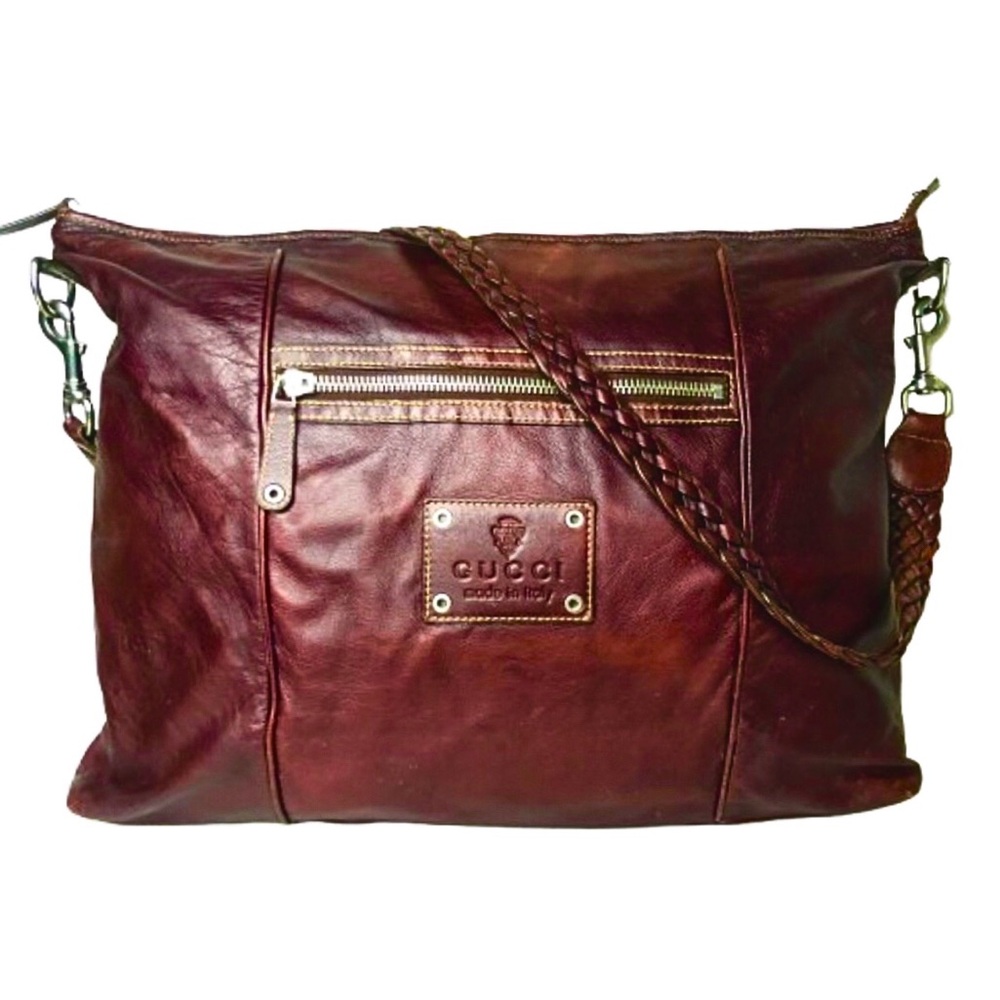 GUCCI Leather Top Zip Overnight Travel Laptop Work Messenger Bag w Woven Strap